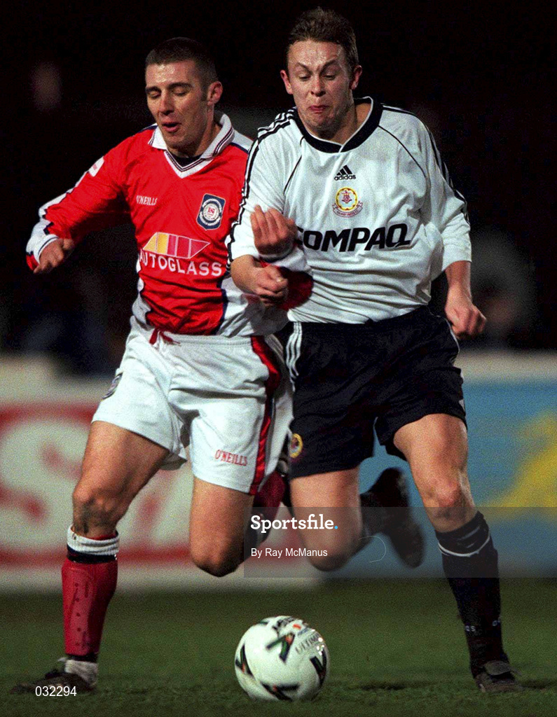 21 January 2000; Gareth Gorman of Galway United in action against Trevor Croly of St Patrick's Athletic during the Eircom League Premier Division match between St Patrick's Athletic and Galway United at Richmond Park in Dublin. Photo by Ray McManus/Sportsfile