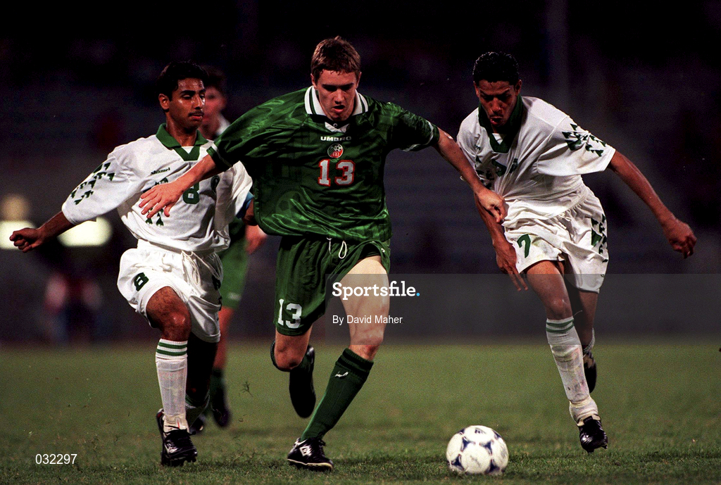 7 April 1999; Colin Healy of Republic of Ireland in action against Saad Al-Shehri, left, and Saleh Al-Saqri of Saudi Arabia  during the 1999 FIFA World Youth Championship Group C match between Saudi Arabia and Republic of Ireland at Liberty Stadium in Ibadan, Nigeria. Photo by David Maher/Sportsfile