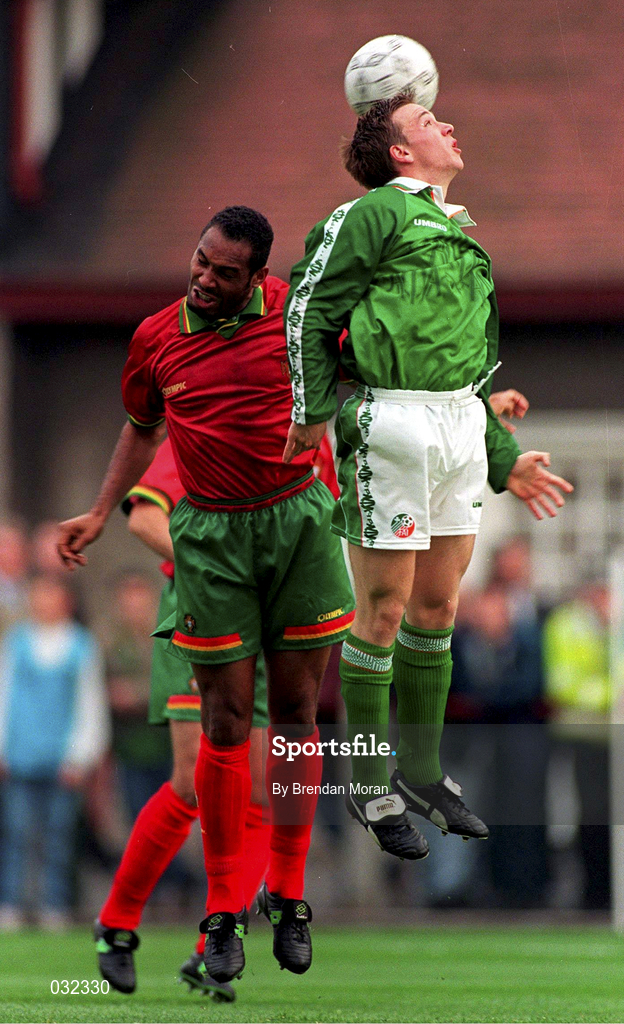 29 May 1996; David Connolly of Republic of Ireland in action against Helder Cristovao of Portugal during the International  Friendly match between Republic of Ireland and Portugal at Lansdowne Road in Dublin. Photo by David Maher/Sportsfile