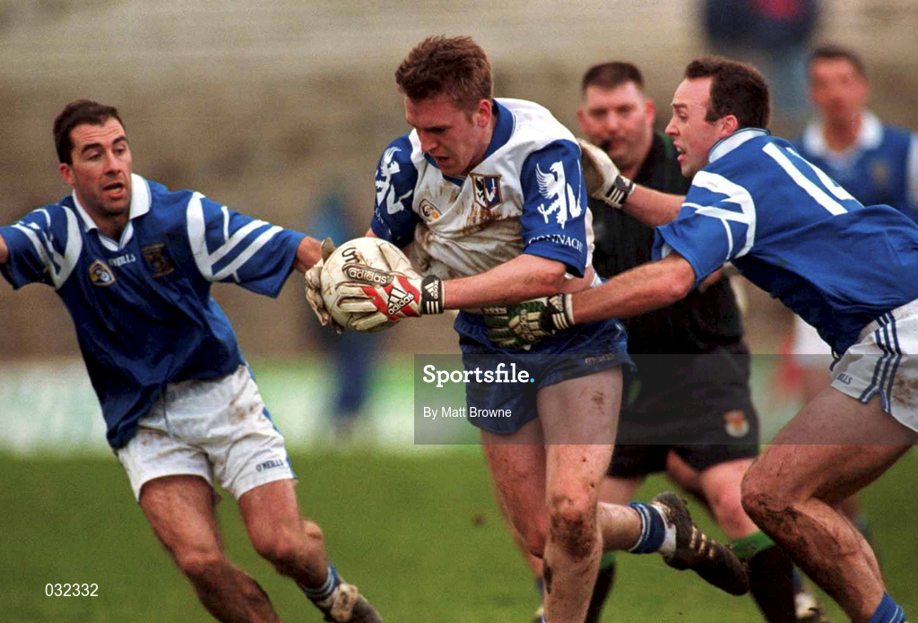 30 January 2000; David Heaney of Connacht is tackled by Johnny Crowley, right, and Ger Keane of Munster during the Railway Cup Football Championship Semi-Final between Connacht and Munster at McHale Park in Castlebar, Mayo. Photo by Matt Browne/Sportsfile