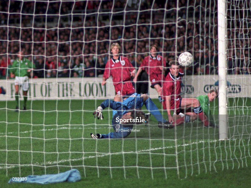 15 February 1995; David Kelly of Republic of Ireland scores the only goal of the game during the International Friendly match between Republic of Ireland and England at Lansdowne Road in Dublin. The game was abandoned due to rioting in the Upper West Stand. Photo by David Maher/Sportsfile