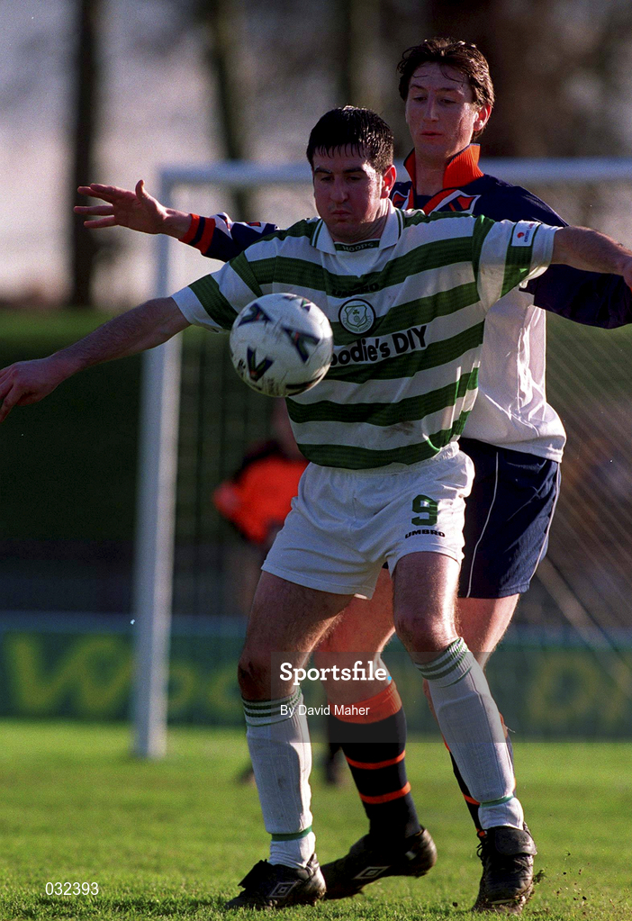 23 January 2000; Clive Delaney of UCD in action against Graham Lawlor of Shamrock Rovers during the Eircom League Premier Division match between Shamrock Rovers and UCD at Morton Stadium in Santry, Dublin. Photo by David Maher/Sportsfile