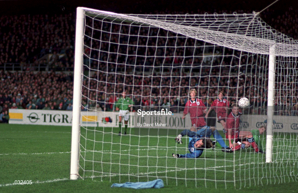 15 February 1995; David Kelly of Republic of Ireland scores the only goal of the game during the International Friendly match between Republic of Ireland and England at Lansdowne Road in Dublin. The game was abandoned due to rioting in the Upper West Stand. Photo by David Maher/Sportsfile