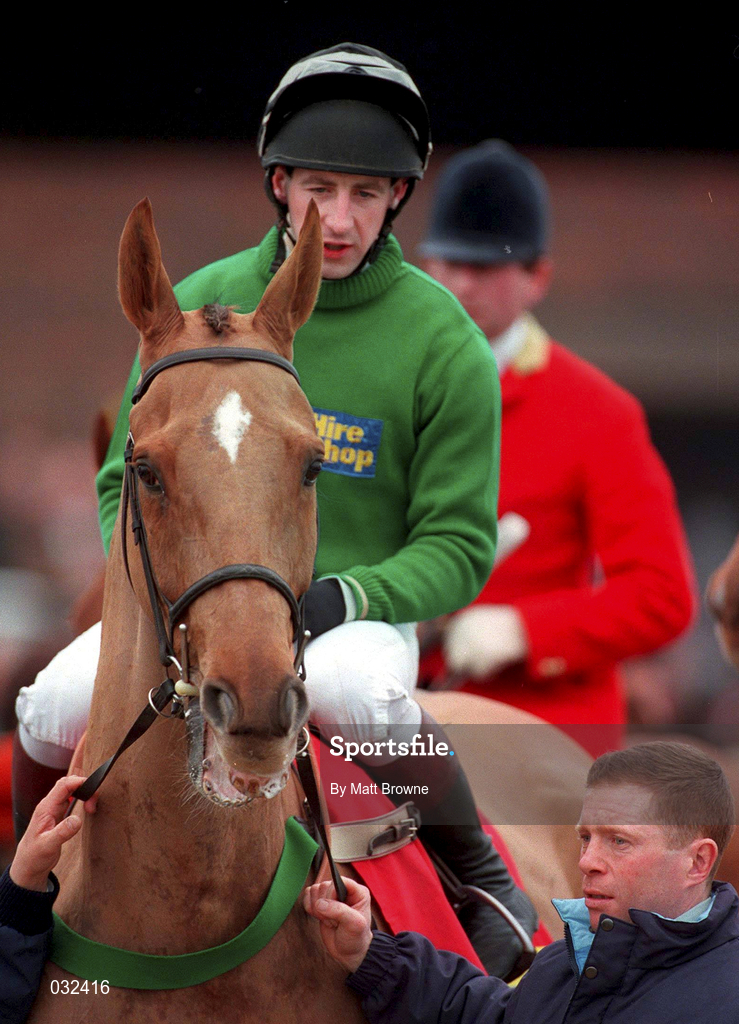 17 March 1998: Jockey Jim Culloty and Red Blazer prior to the start for the Smurfit Champion Hurdle during the opening day of the Cheltenham Racing Festival at Prestbury Park in Cheltenham, England. Photo by Matt Browne/Sportsfile