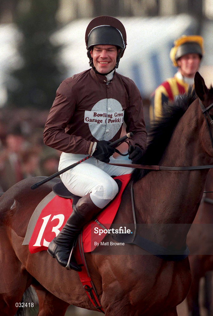 19 March 1998: Jockey John Pritchard and Anythingyoulike make their way to the start of the 128th Year Of National Hunt Chase Challenge Cup during day two of the Cheltenham Racing Festival at Prestbury Park in Cheltenham, England. Photo by Matt Browne/Sportsfile