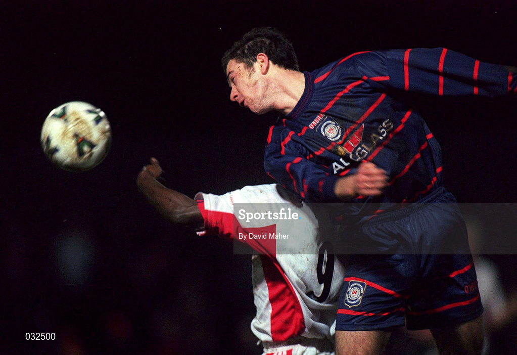 11 January 2000; Keith Doyle of St Patrick's Athletic in action against Eric Levine of Galway United during the Harp Larger FAI Cup Second Round Replay match between St Patrick's Athletic and Galway United at Richmond Park in Dublin. Photo by David Maher/Sportsfile
