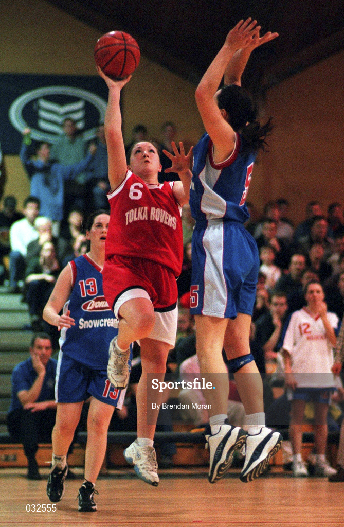 31 January 1999; Lorraine O'Brien of Tolka Rovers in action against Jillian Hayes of Waterford Wildcats Sprite Cup Women's Basketball Final at the National Bastketball Arena in Tallaght, Dublin. Photo by Brendan Moran/Sportsfile