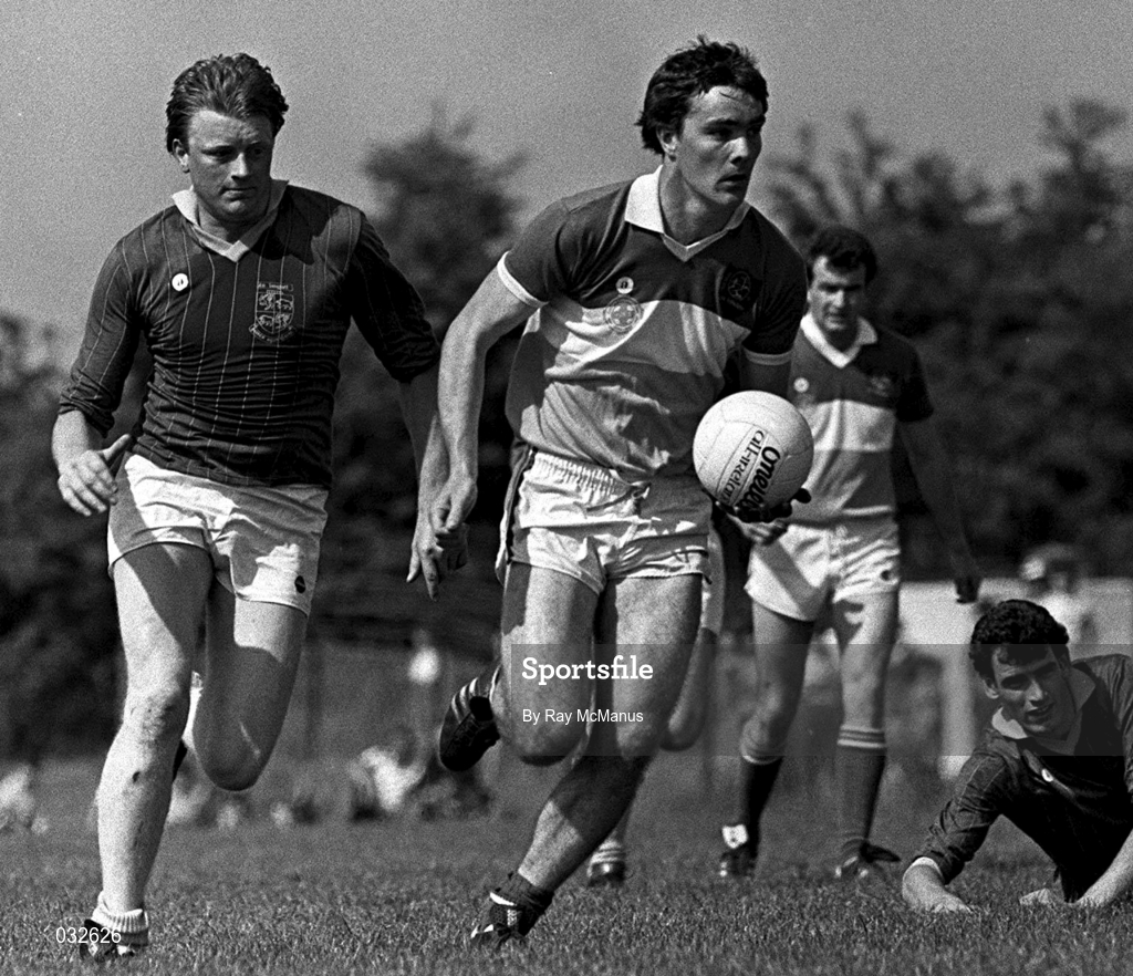 10 June 1984; Matt Connor of Offaly, in action against Philip Kiernan of Longford during the Leinster Senior Football Championship Quarter-Final match between Longford and Offaly at Pearse Park in Longford. Photo by Ray McManus/Sportsfile