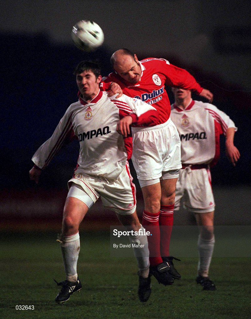 28 January 2000; Paul Doolin of Shelbourne in action against Michael Keane of Galway United during the Eircom League Premier Division match between Shelbourne and Galway United at Tolka Park in Dublin. Photo by David Maher/Sportsfile