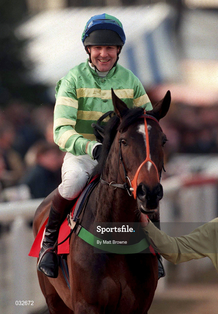 19 March 1998: Jockey Philip Fenton and Mr Moylan make their way to the start of the 128th Year Of National Hunt Chase Challenge Cup during day two of the Cheltenham Racing Festival at Prestbury Park in Cheltenham, England. Photo by Matt Browne/Sportsfile