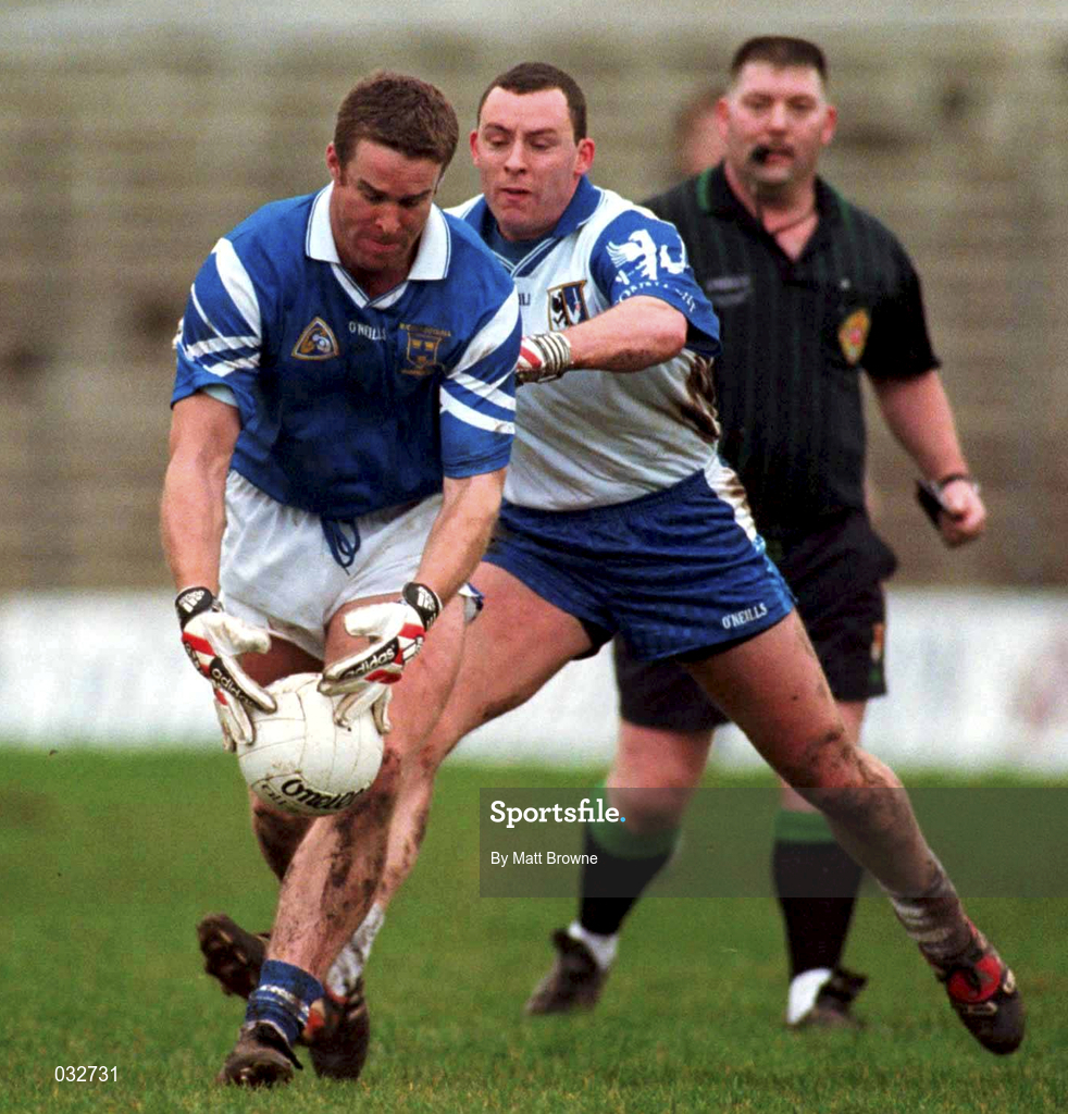 30 January 2000; Padraig O'Mahony of Munster is tackled by Kenneth Mortimer of Connacht during the Railway Cup Football Championship Semi-Final between Connacht and Munster at McHale Park in Castlebar, Mayo. Photo by Matt Browne/Sportsfile