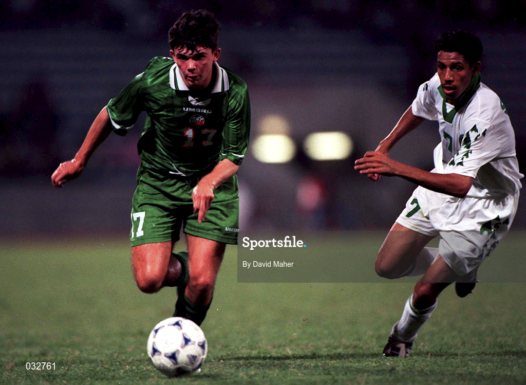 7 April 1999; Paul Donnelly of Republic of Ireland in action against Saleh Al-Saqri of Saudi Arabia during the 1999 FIFA World Youth Championship Group C match between Saudi Arabia and Republic of Ireland at Liberty Stadium in Ibadan, Nigeria. Photo by David Maher/Sportsfile