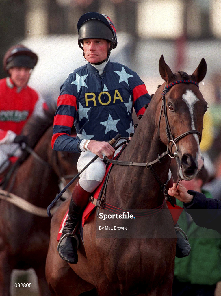 19 March 1998: Jockey P Hasking and Prince Buck make their way to the start of the 128th Year Of National Hunt Chase Challenge Cup during day two of the Cheltenham Racing Festival at Prestbury Park in Cheltenham, England. Photo by Matt Browne/Sportsfile