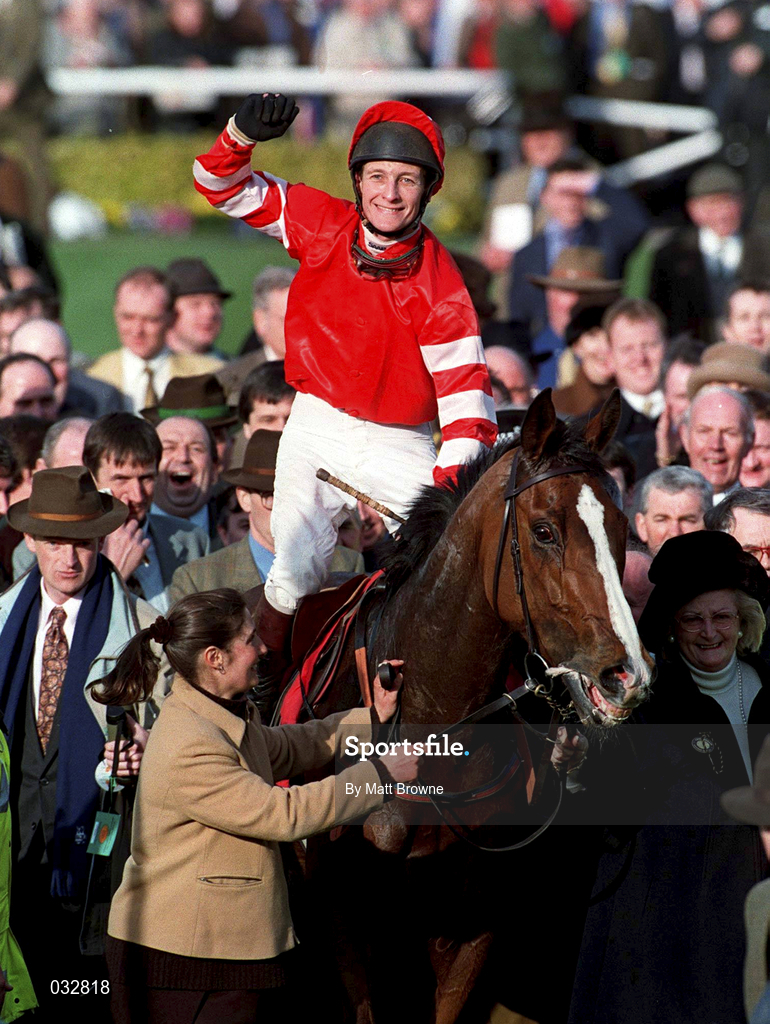 18 March 1998; Jockey Richard Dunwoody, onboard Florida Pearl, celebrates after winning the Royal & Sunalliance Chase during Day Two of the Cheltenham Racing Festival at Prestbury Park in Cheltenham, England. Photo by Matt Browne/Sportsfile