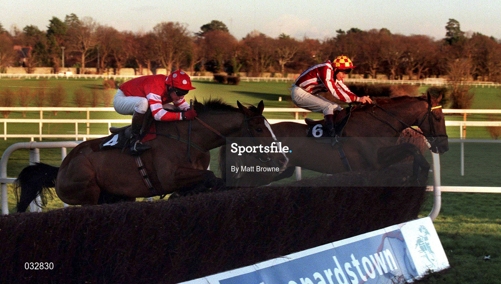 28 December 1999; Rince Ri, with Conor O'Dwyer up, jump the last ahead of Florida Pearl, with Tom Rudd up, on the way to winning the Ericsson Steeplechase at Leopardstown Racecourse in Dublin. Photo by Matt Browne/Sportsfile