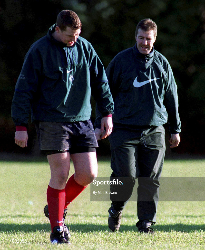 2 February 2000; Robert Casey who did not take part in training with Donal Lenahan, team manager, during an Ireland Rugby training session at Greystones RFC in Wicklow. Photo by Matt Browne/Sportsfile