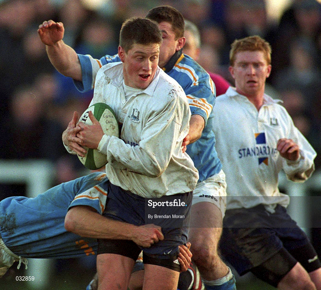 28 December 1999; Ronan O'Gara of Cork Constitution in action against Paul Neville, left, and Colin Varley of Garryowen during the AIB All-Ireland League Division 1 match between Cork Constitution and Garryowen at Temple Hill in Cork. Photo by Brendan Moran/Sportsfile