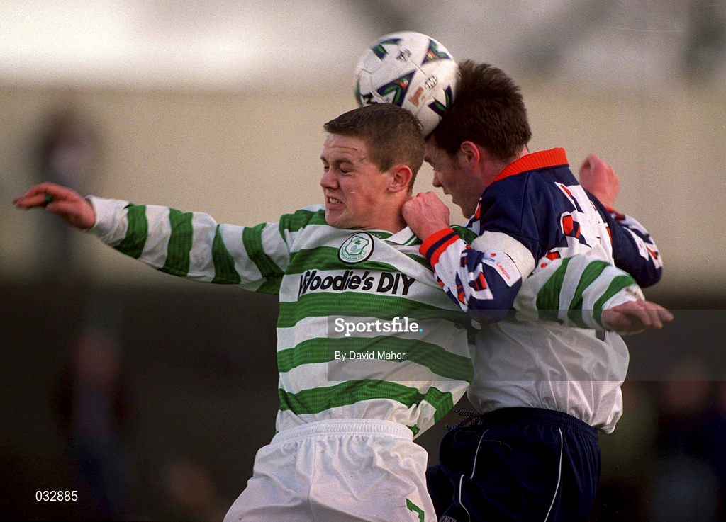 23 January 2000; Alan Mahon of UCD in action against Shane Robinson of Shamrock Rovers during the Eircom League Premier Division match between Shamrock Rovers and UCD at Morton Stadium in Santry, Dublin. Photo by David Maher/Sportsfile