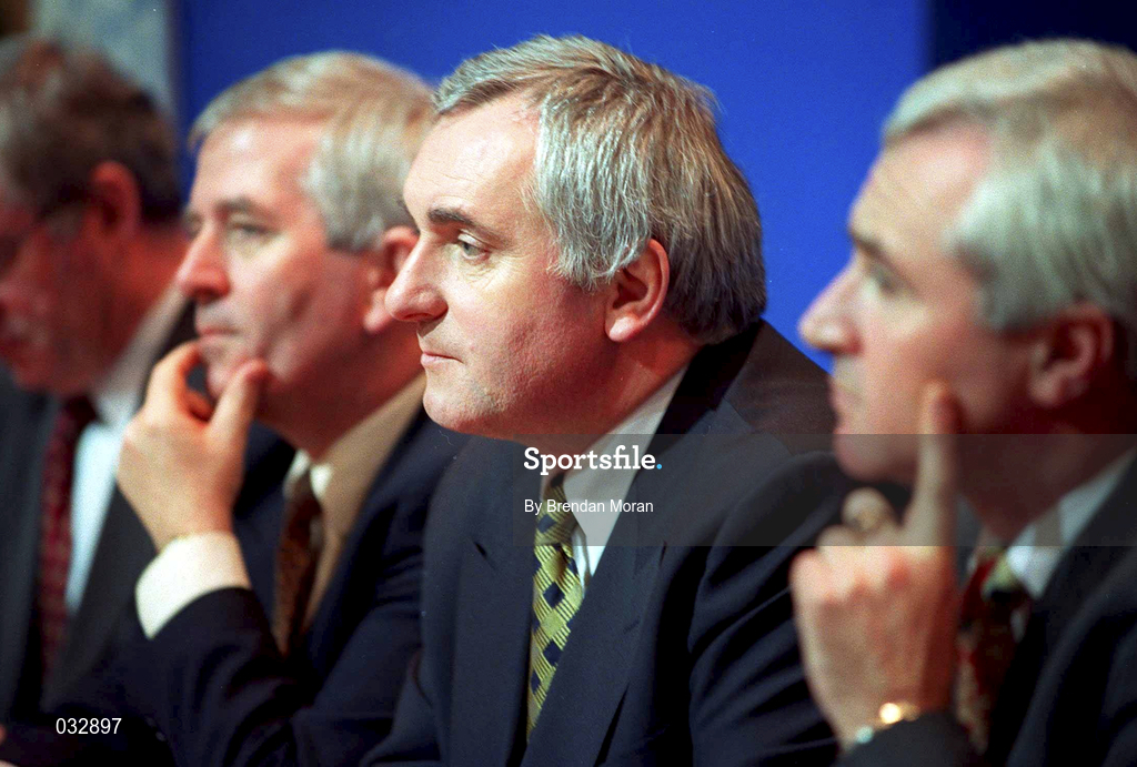 26 January 2000; An Taoiseach Bertie Ahern T.D., with his cabinet colleagues, Charlie McCreevy, TD., Minister for Finance, left, and Dr Jim McDaid TD., Minister for Sport, Tourism & Recreation speaking at the announcement that the Government is to proceed immediately with plans to build a "Campus of Sporting Excellence"- to be called Sports Campus Ireland- which will have as its centrepiece an 80,000 all seated National Stadium capable of accomodating all field sports at a cost of £281 million. Photo by Brendan Moran/Sportsfile