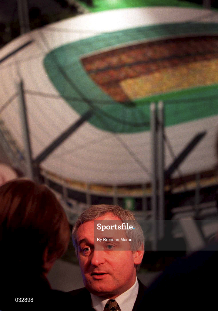26 January 2000; An Taoiseach Bertie Ahern T.D., speaking at the announcement that The Government is to proceed immediately with plans to build a "Campus of Sporting Excellence"- to be called Sports Campus Ireland- which will have as its centrepiece an 80,000 all seated National Stadium capable of accomodating all field sports at a cost of £281 million. Photo by Brendan Moran/Sportsfile