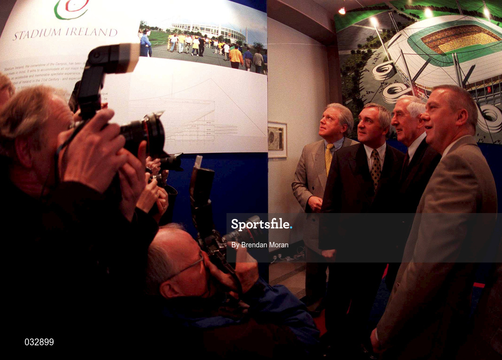 26 January 2000; Fergus Slattery, An Taoiseach Bertie Ahern TD, Ronnie Delany and Paidí O'Sé at the announcement that the Government is to proceed immediately with plans to build a "Campus of Sporting Excellence"- to be called Sports Campus Ireland- which will have as its centrepiece an 80,000 all seated National Stadium capable of accomodating all field sports at a cost of £281 million. Photo by Brendan Moran/Sportsfile
