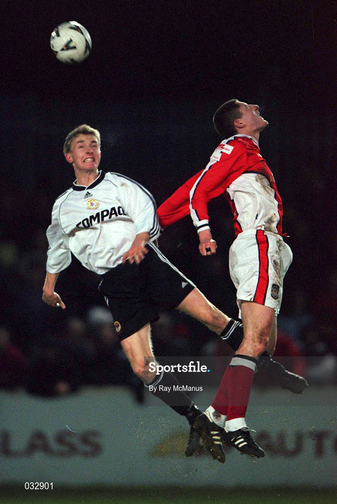 21 January 2000; Colin Hawkins of St Patrick's Athletic in action against Darragh Sheridan of Galway United during the Eircom League Premier Division match between St Patrick's Athletic and Galway United at Richmond Park in Dublin. Photo by Ray McManus/Sportsfile