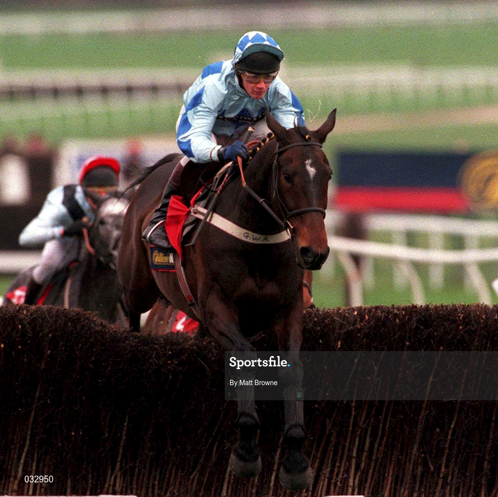 16 March 1999; Unguided Missile, with Graham Bradley up, jump the last on the way to winning the William Hill National Hunt Handicap Steeple Chase during the opening day of the Cheltenham Racing Festival at Prestbury Park in Cheltenham, England. Photo by Matt Browne/Sportsfile