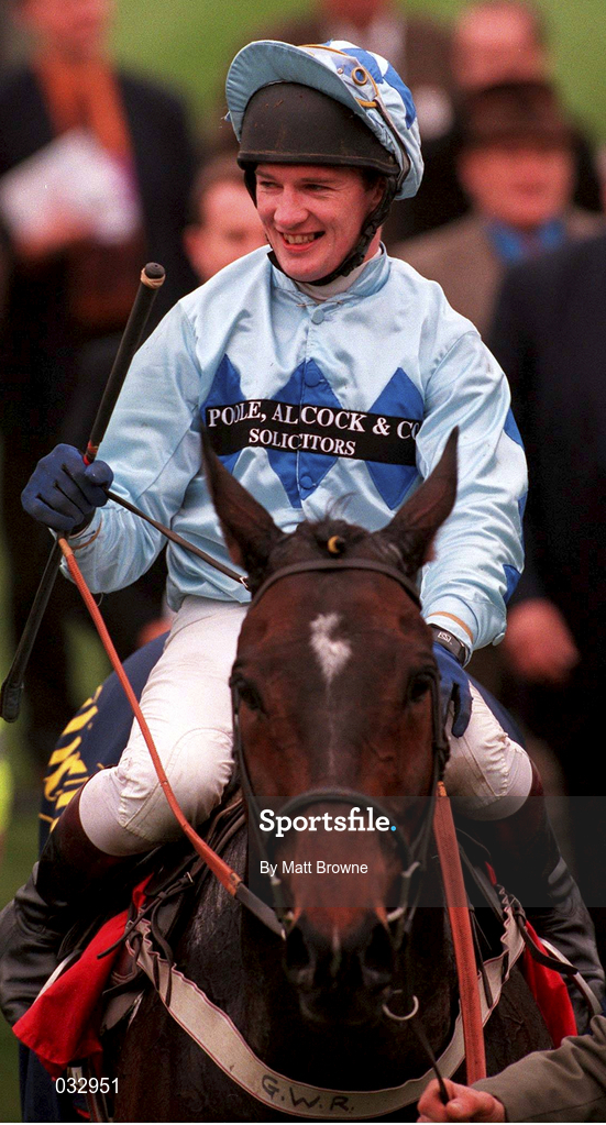 16 March 1999; Jockey Graham Bradley, on Unguided Missile, after winning the William Hill National Hunt Handicap Steeple Chase during the opening day of the Cheltenham Racing Festival at Prestbury Park in Cheltenham, England. Photo by Matt Browne/Sportsfile