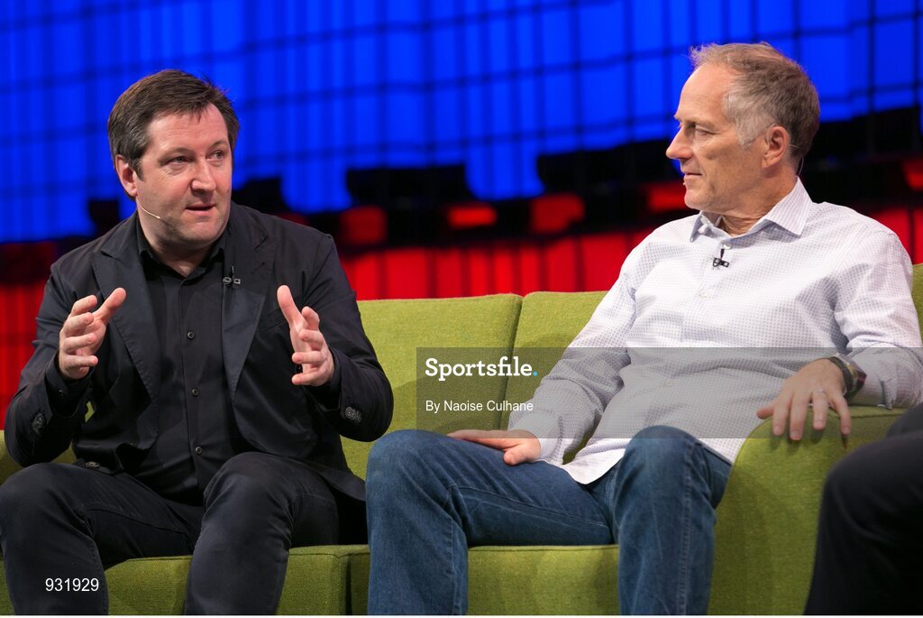 6 November 2014; Liam Casey, Founder, PCH, with Tim O'Reilly, Founder & CEO, O'Reilly Media, on the centre stage during Day 3 of the 2014 Web Summit in the RDS, Dublin, Ireland. Picture credit: Naoise Culhane / SPORTSFILE / Web Summit