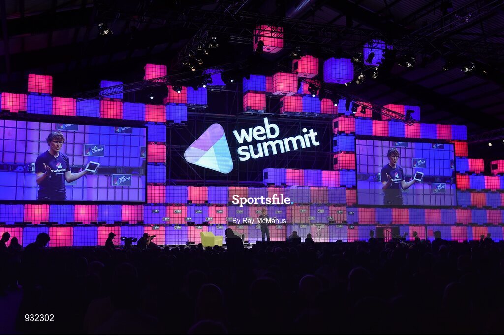 6 November 2014; Paddy Cosgrave, Founder & CEO, Web Summit, discussing Wifi matters on the centre stage during Day 3 of the 2014 Web Summit in the RDS, Dublin, Ireland. Picture credit: Ray McManus / SPORTSFILE / Web Summit