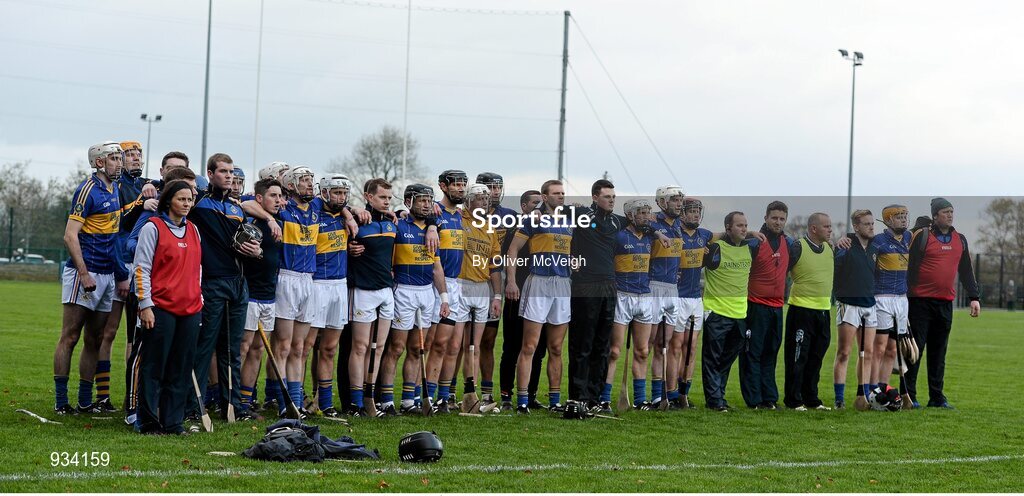 2 November 2014; The Portaferry team stand for the anthem. AIB Ulster GAA Hurling Senior Club Championship Final, Portaferry v Ruairi Óg, Owenbeg Centre of Excellence, Dungiven, Derry. Picture credit: Oliver McVeigh / SPORTSFILE