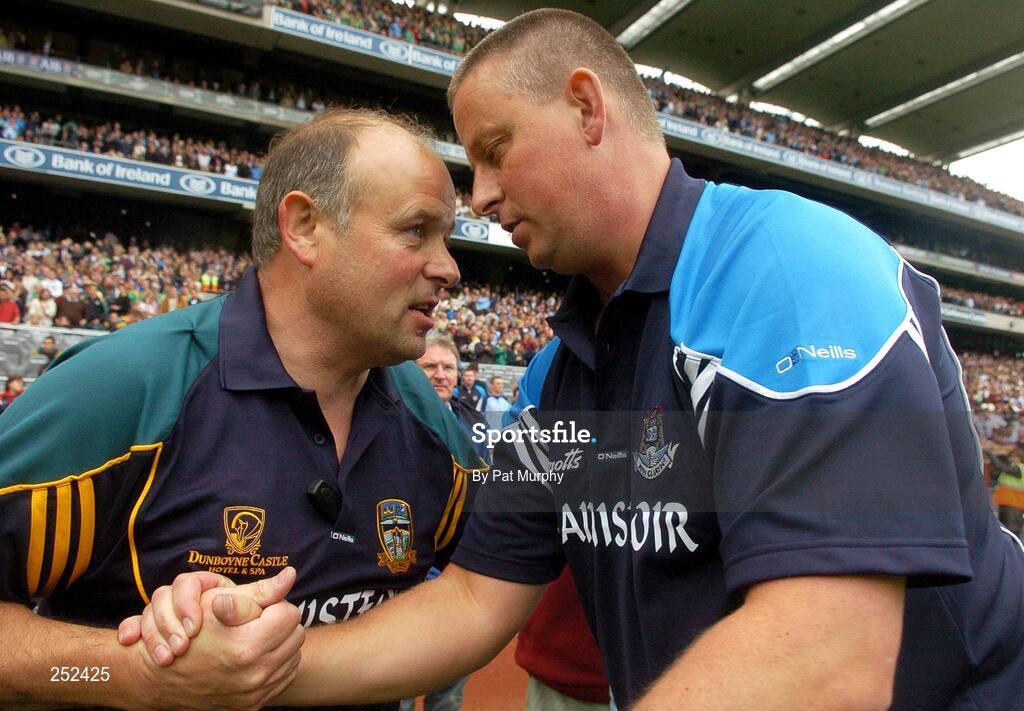 17 June 2007; Dublin manager Paul Caffrey is congratulated by Meath selector Dudley Farrell after the game. Bank of Ireland Leinster Senior Football Championship Quarter-Final Replay, Dublin v Meath, Croke Park, Dublin. Picture credit: Pat Murphy / SPORTSFILE