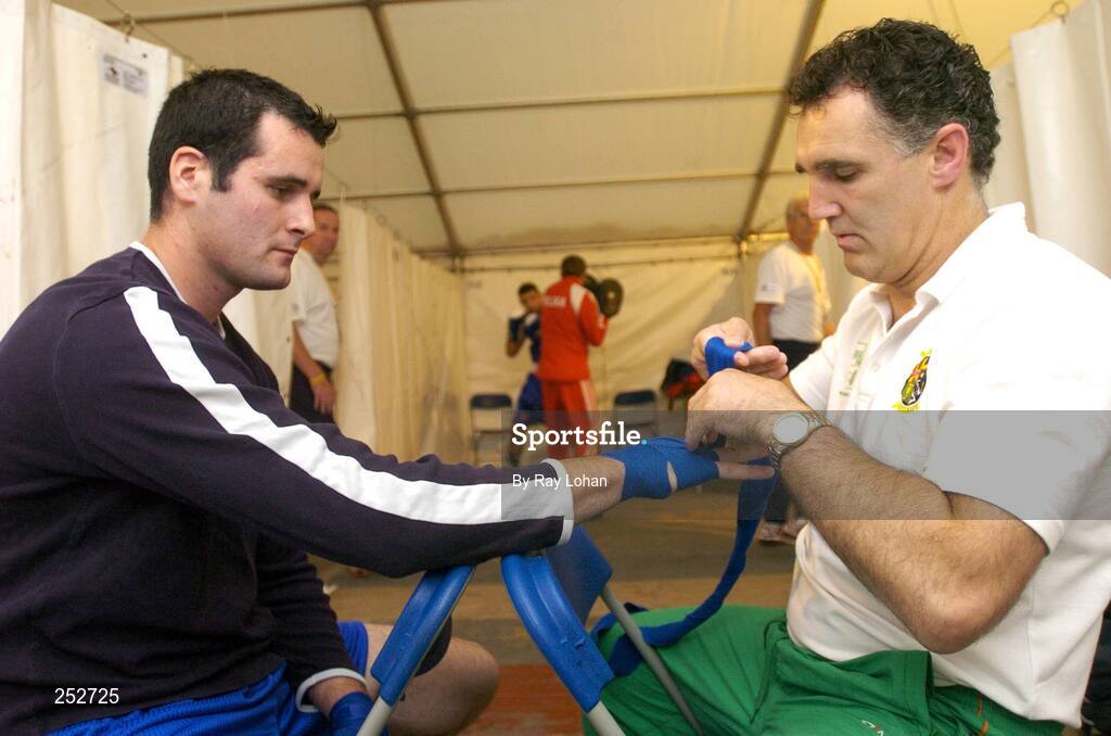 19 June 2007; Ireland's John Sweeney and Head coach Billy Walsh before the start of the 5th European Union Boxing Championships, Heavyweight 91kg Preliminary Round, John Sweeney, Ireland.v.John Michael M'Bumba, France, National Stadium, Dublin. Picture credit: Ray Lohan / SPORTSFILE
