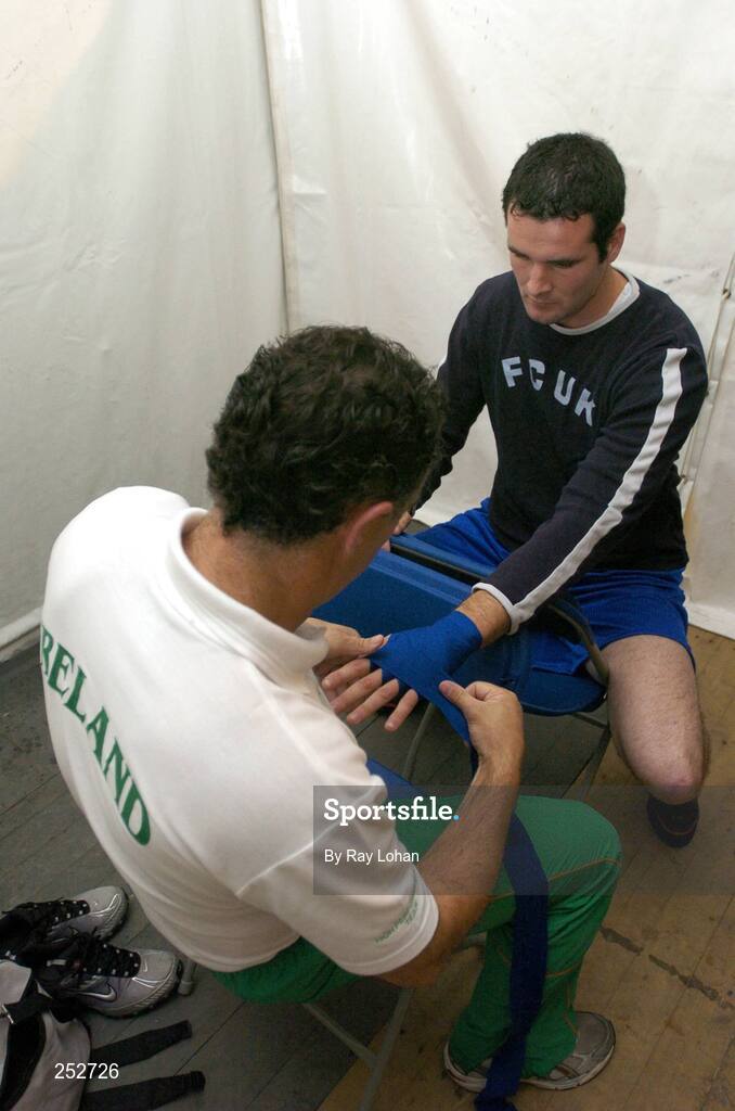 19 June 2007; Ireland's John Sweeney and Head coach Billy Walsh before the start of the 5th European Union Boxing Championships, Heavyweight 91kg Preliminary Round, John Sweeney, Ireland.v.John Michael M'Bumba, France, National Stadium, Dublin. Picture credit: Ray Lohan / SPORTSFILE
