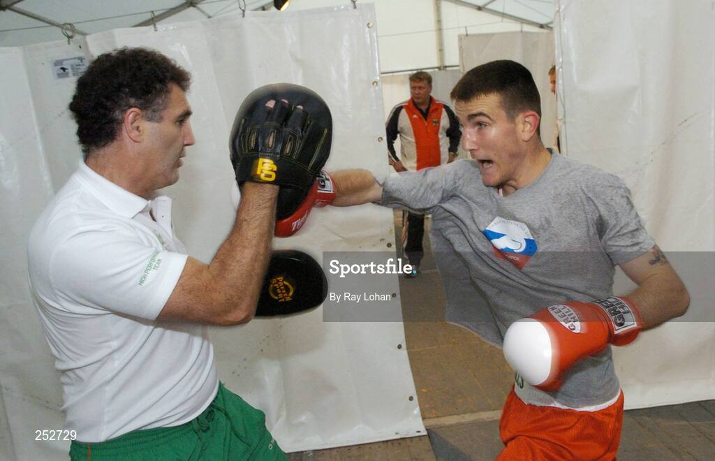 18 June 2006: Ireland’s John Joe Joyce warms up with Head coach Billy Walsh before the start of his fight against Rmya Evans, Wales. 5th European Union Senior Amateur Boxing Championships, Light Welter weight 61kg Preliminary Round, John Joe Joyce, Ireland.v.Rmya Evans,  National Stadium, Dublin. Picture credit: Ray Lohan / SPORTSFILE
