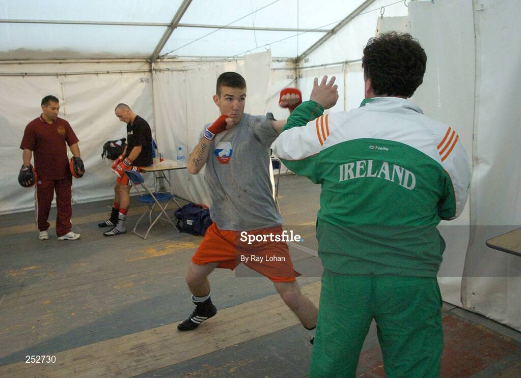 18 June 2006: Ireland’s John Joe Joyce warms up with Assistant coach Zaur Anita before the start of his fight against Rmya Evans, Wales. 5th European Union Senior Amateur Boxing Championships, Light Welter weight 61kg Preliminary Round, John Joe Joyce, Ireland.v.Rmya Evans,  National Stadium, Dublin. Picture credit: Ray Lohan / SPORTSFILE