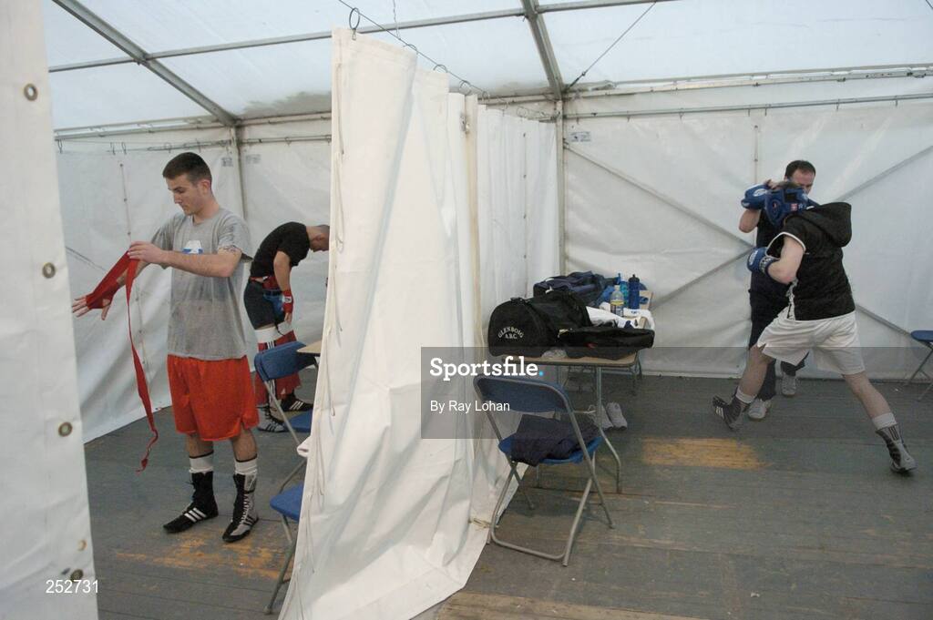 18 June 2006: Ireland’s John Joe Joyce, left, warms up before the start of his fight against Rmya Evans, Wales. 5th European Union Senior Amateur Boxing Championships, Light Welter weight 61kg Preliminary Round, John Joe Joyce, Ireland.v.Rmya Evans,  National Stadium, Dublin. Picture credit: Ray Lohan / SPORTSFILE