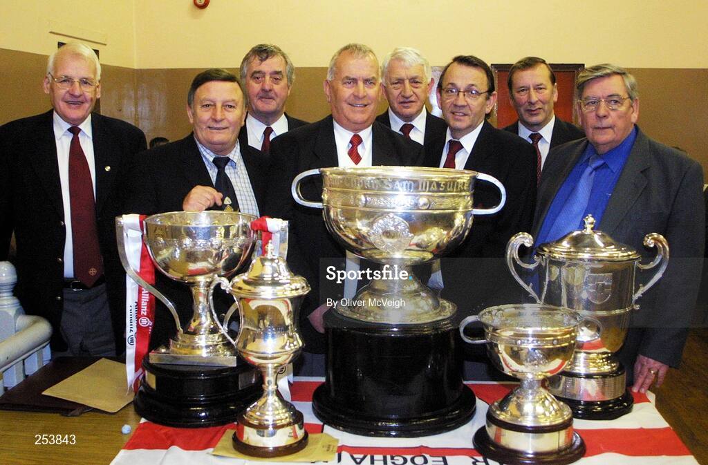 3 February 2004; At the Tyrone GAA Centenary celebrations photographed are, left to right, Cuthbert Donnelly, Declan O'Neill, Paul Doris, Pat McCartan, Jimmy Tracey, Liam Nelis, Brendan Harkin and Tony McKenna. All former Tyrone GAA county chairman, St Patricks Hall, Dungannon, Co Tyrone. Picture credit; Oliver McVeigh / SPORTSFILE