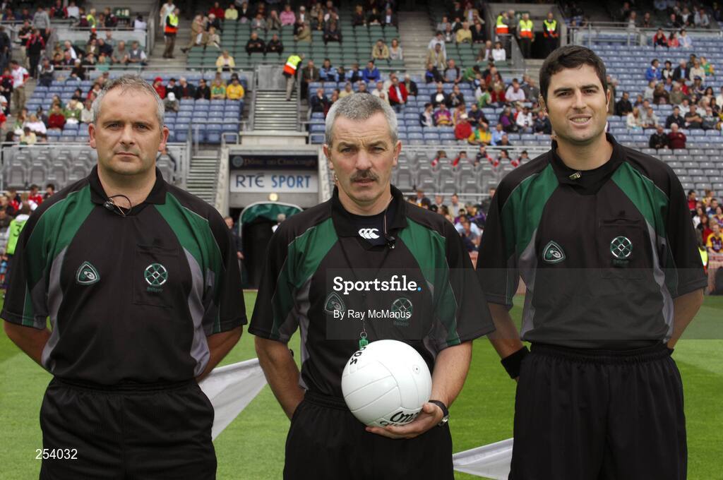 17 June 2007; Referr Paddy Russell, centre, with his two linesmen Pat McGovern, left, and Gary McCormack. Bank of Ireland Leinster Senior Football Championship Quarter-Final, Louth v Wexford, Croke Park, Dublin. Picture credit: Ray McManus / SPORTSFILE