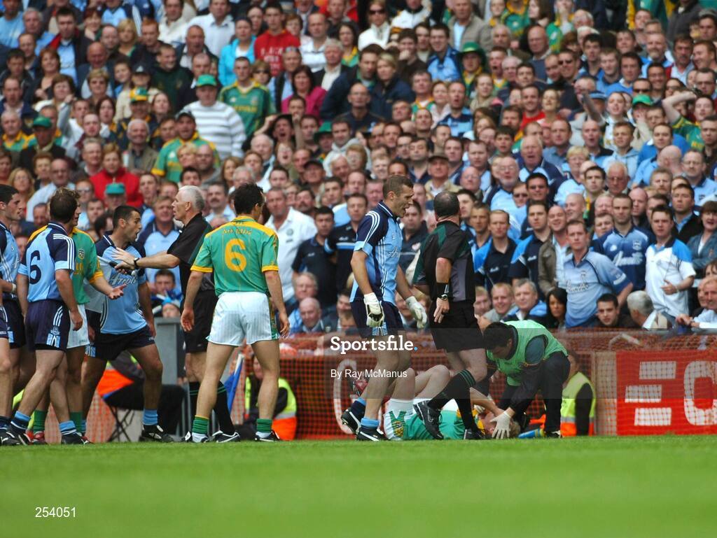 17 June 2007; Referee Pat McEnaney reaches for his yellow card to book Dublin's Ciaran Whelan who had clashed with Meath's Graham Geraghty. Bank of Ireland Leinster Senior Football Championship Quarter-Final Replay, Dublin v Meath, Croke Park, Dublin. Picture credit: Ray McManus / SPORTSFILE