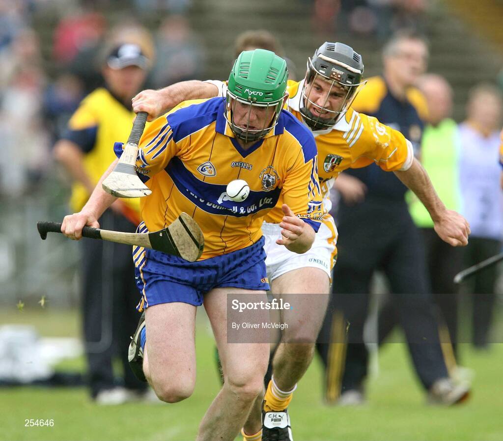 30 June 2007; Diarmuid McMahon, Clare, in action against Sean Delargy, Antrim. Guinness All-Ireland Hurling Championship Qualifier, Group 1A, Round 1, Antrim v Clare, Casement Park, Belfast, Co. Antrim. Picture credit: Oliver McVeigh / SPORTSFILE