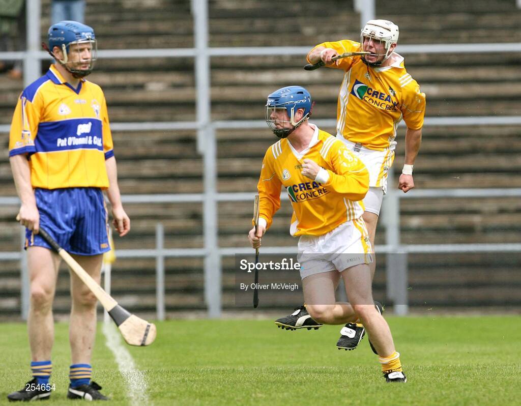 30 June 2007; Antrim's Neil McManus, right, celebrates with team-mate Shane McNaughton after scoring his side's first goal. Guinness All-Ireland Hurling Championship Qualifier, Group 1A, Round 1, Antrim v Clare, Casement Park, Belfast, Co. Antrim. Picture credit: Oliver McVeigh / SPORTSFILE