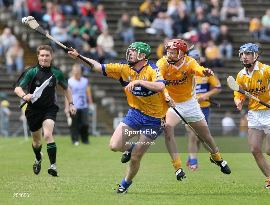 30 June 2007; Diarmuid McMahon, Clare, in action against Paddy McGill, Antrim. Guinness All-Ireland Hurling Championship Qualifier, Group 1A, Round 1, Antrim v Clare, Casement Park, Belfast, Co. Antrim. Picture credit: Oliver McVeigh / SPORTSFILE