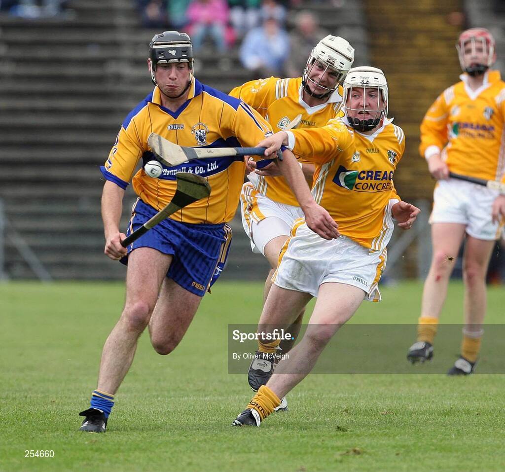 30 June 2007; Conor Plunkett, Clare, in action against Karl Stewart, Antrim. Guinness All-Ireland Hurling Championship Qualifier, Group 1A, Round 1, Antrim v Clare, Casement Park, Belfast, Co. Antrim. Picture credit: Oliver McVeigh / SPORTSFILE