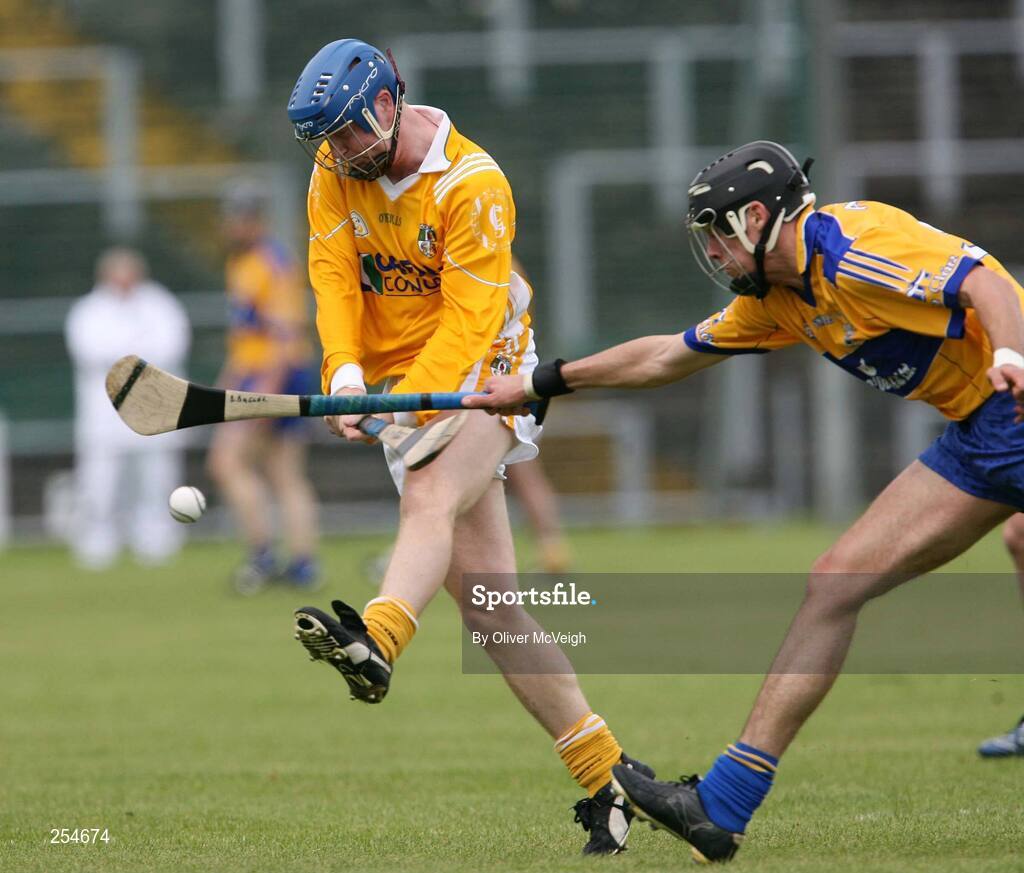 30 June 2007; Karl McKeegan, Antrim, in action against Brendan Bolger, Clare. Guinness All-Ireland Hurling Championship Qualifier, Group 1A, Round 1, Antrim v Clare, Casement Park, Belfast, Co. Antrim. Picture credit: Oliver McVeigh / SPORTSFILE