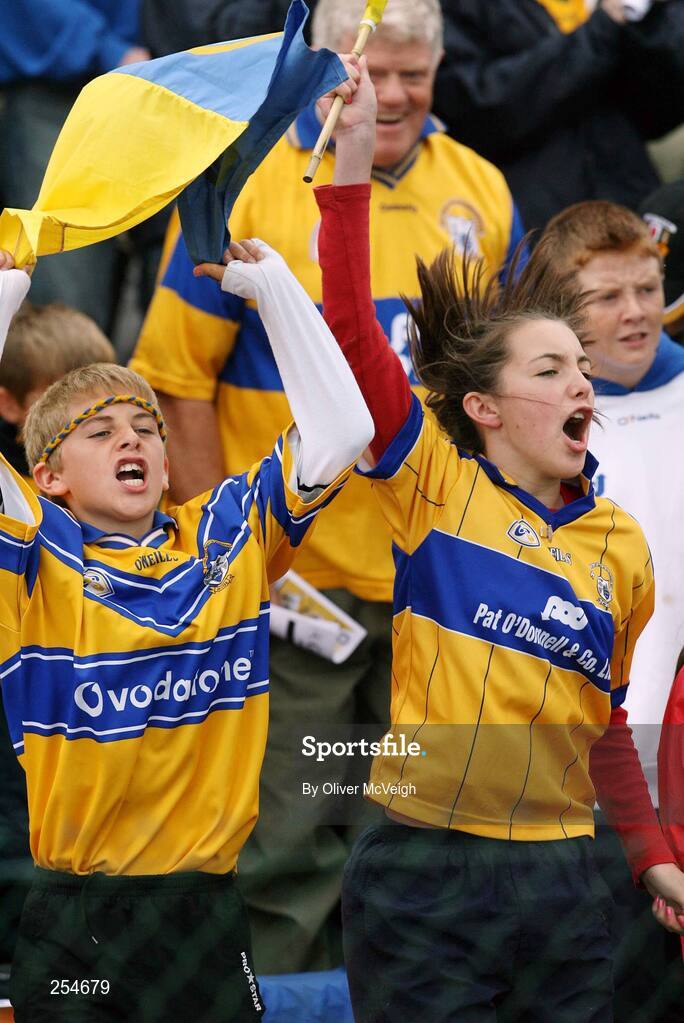 30 June 2007; Excited young Clare supporters watch the game. Guinness All-Ireland Hurling Championship Qualifier, Group 1A, Round 1, Antrim v Clare, Casement Park, Belfast, Co. Antrim. Picture credit: Oliver McVeigh / SPORTSFILE