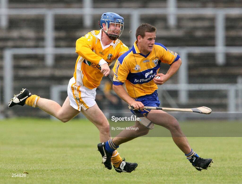 30 June 2007; Brian O'Connell, Clare, in action against Karl McKeegan, Antrim. Guinness All-Ireland Hurling Championship Qualifier, Group 1A, Round 1, Antrim v Clare, Casement Park, Belfast, Co. Antrim. Picture credit: Oliver McVeigh / SPORTSFILE