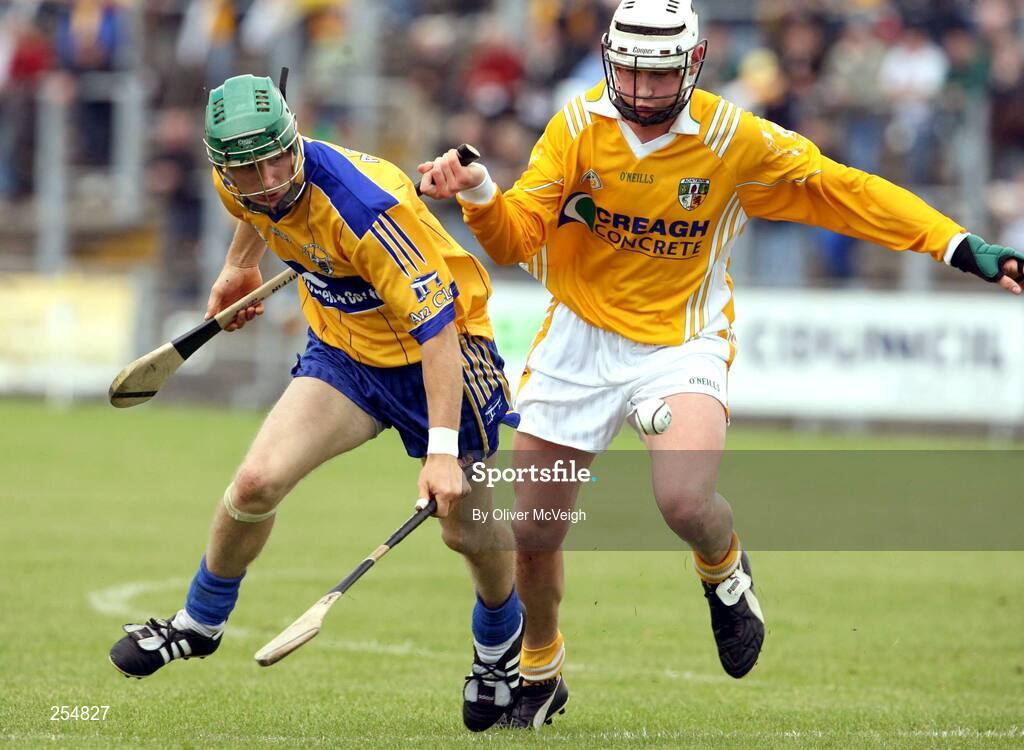 30 June 2007; Daithi O'Connell, Clare, in action against Aaron Graffin, Antrim. Guinness All-Ireland Hurling Championship Qualifier, Group 1A, Round 1, Antrim v Clare, Casement Park, Belfast, Co. Antrim. Picture credit: Oliver McVeigh / SPORTSFILE