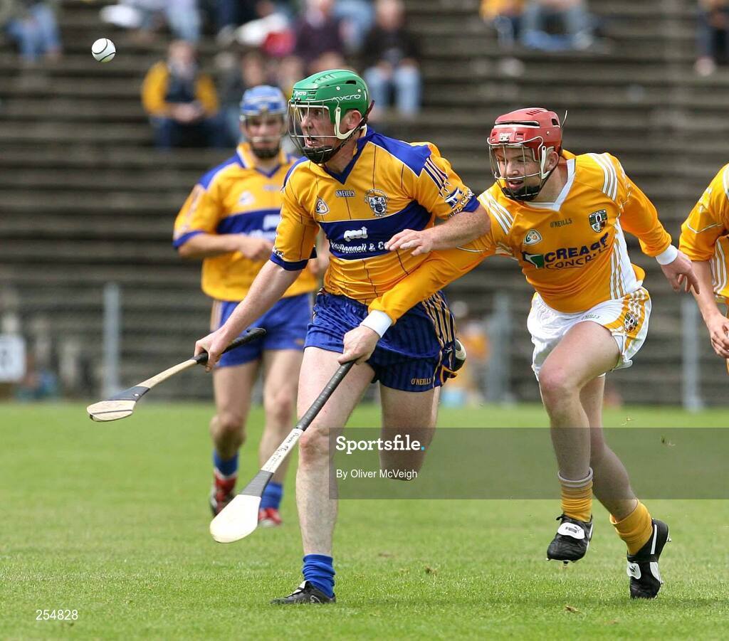 30 June 2007; Diarmuid McMahon, Clare, in action against Paddy McGill, Antrim. Guinness All-Ireland Hurling Championship Qualifier, Group 1A, Round 1, Antrim v Clare, Casement Park, Belfast, Co. Antrim. Picture credit: Oliver McVeigh / SPORTSFILE