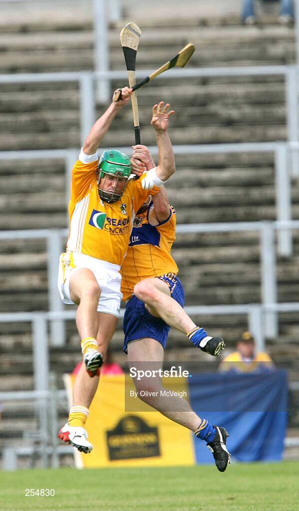 30 June 2007; Brian McFall, Antrim, in action against Kevin Dileen, Clare. Guinness All-Ireland Hurling Championship Qualifier, Group 1A, Round 1, Antrim v Clare, Casement Park, Belfast, Co. Antrim. Picture credit: Oliver McVeigh / SPORTSFILE